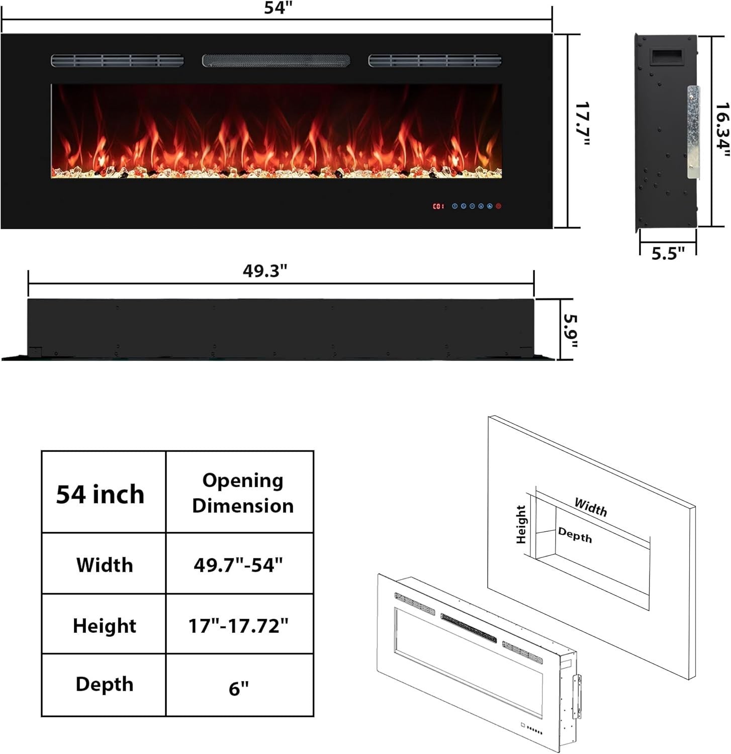 54" Wall-Mount Electric Fireplace Heater Adjustable Thermostat Multicolor Flame