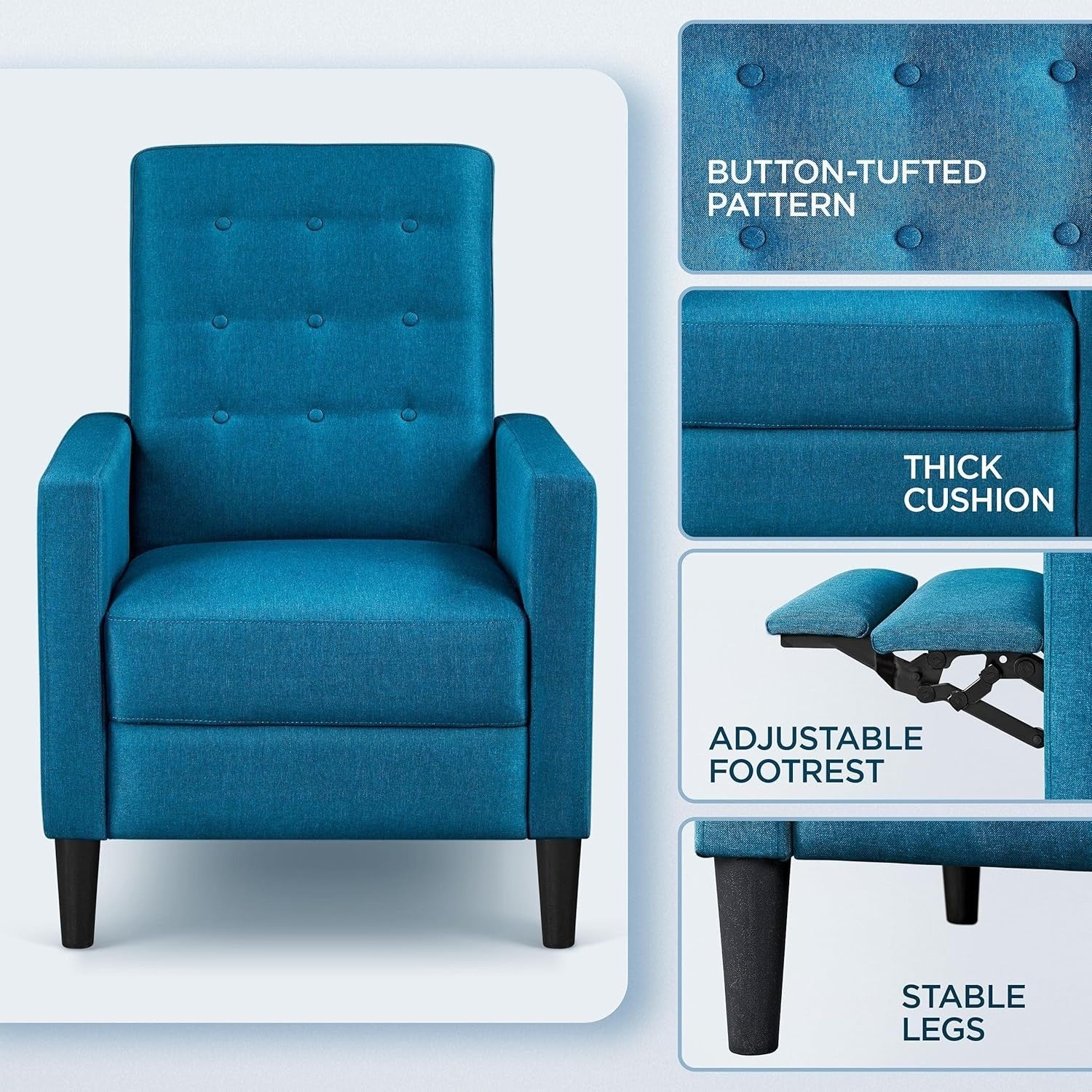 Blue Fabric Recliner Chair Adjustable Padded Seat Sofa Living Room Couch