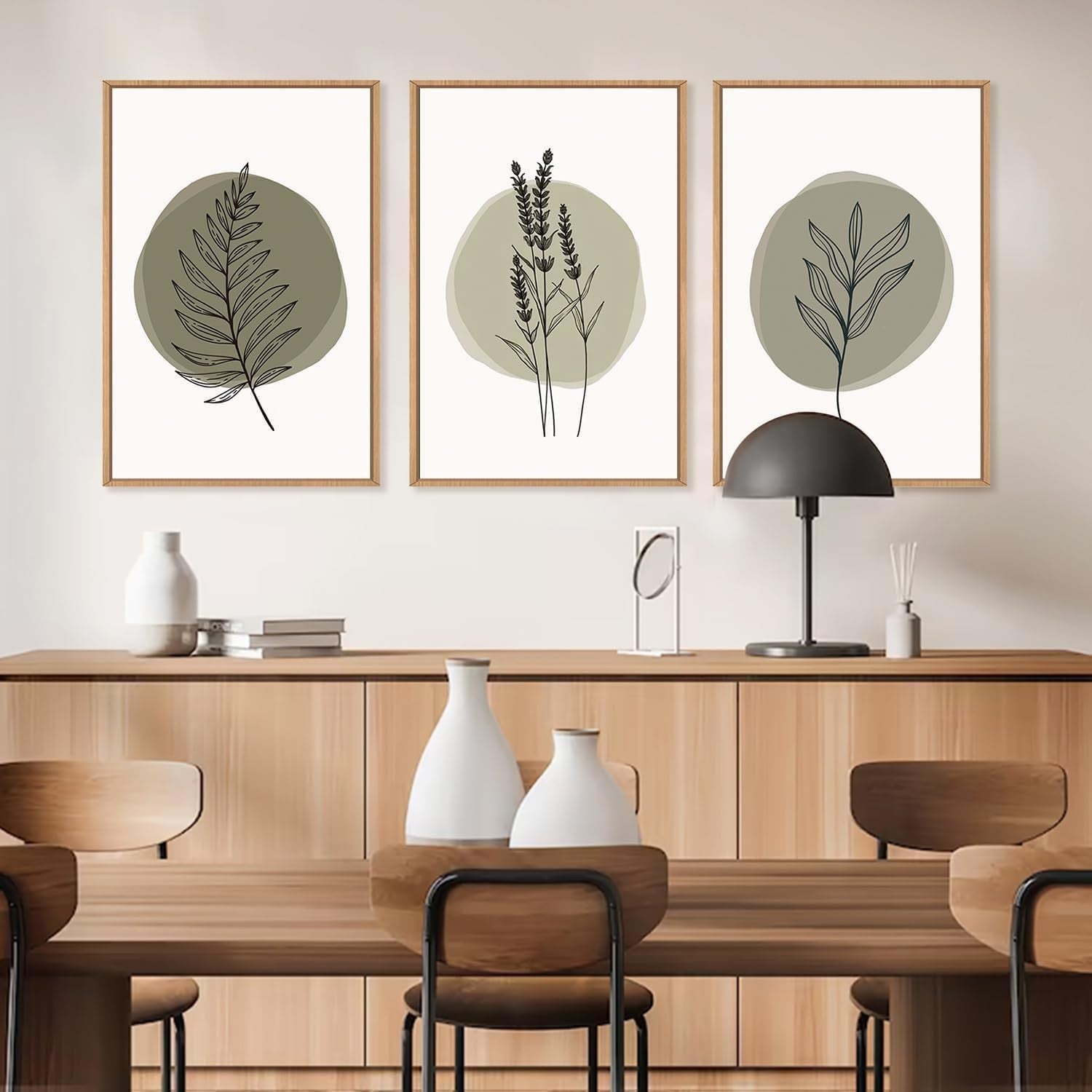 Sage Green Botanical Framed Canvas Wall Art Set 3 Modern Minimal Home Decor