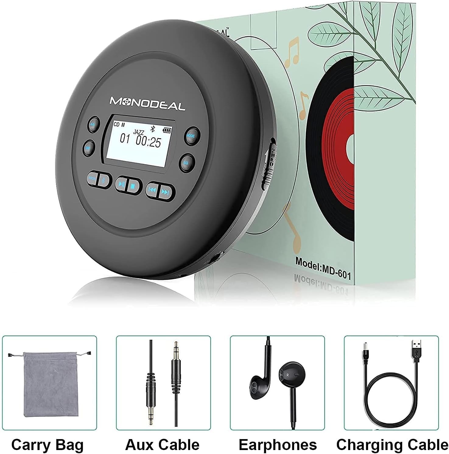 Portable Bluetooth CD Player Rechargeable Anti-Skip Dual Headphone SD
