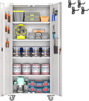 Lockable Metal Storage Cabinet with Wheels, Pegboard & Adjustable Shelves 183cm