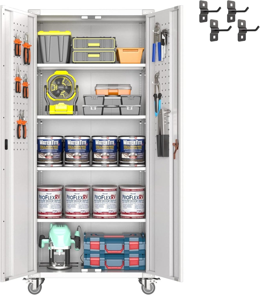 Lockable Metal Storage Cabinet with Wheels, Pegboard & Adjustable Shelves 183cm
