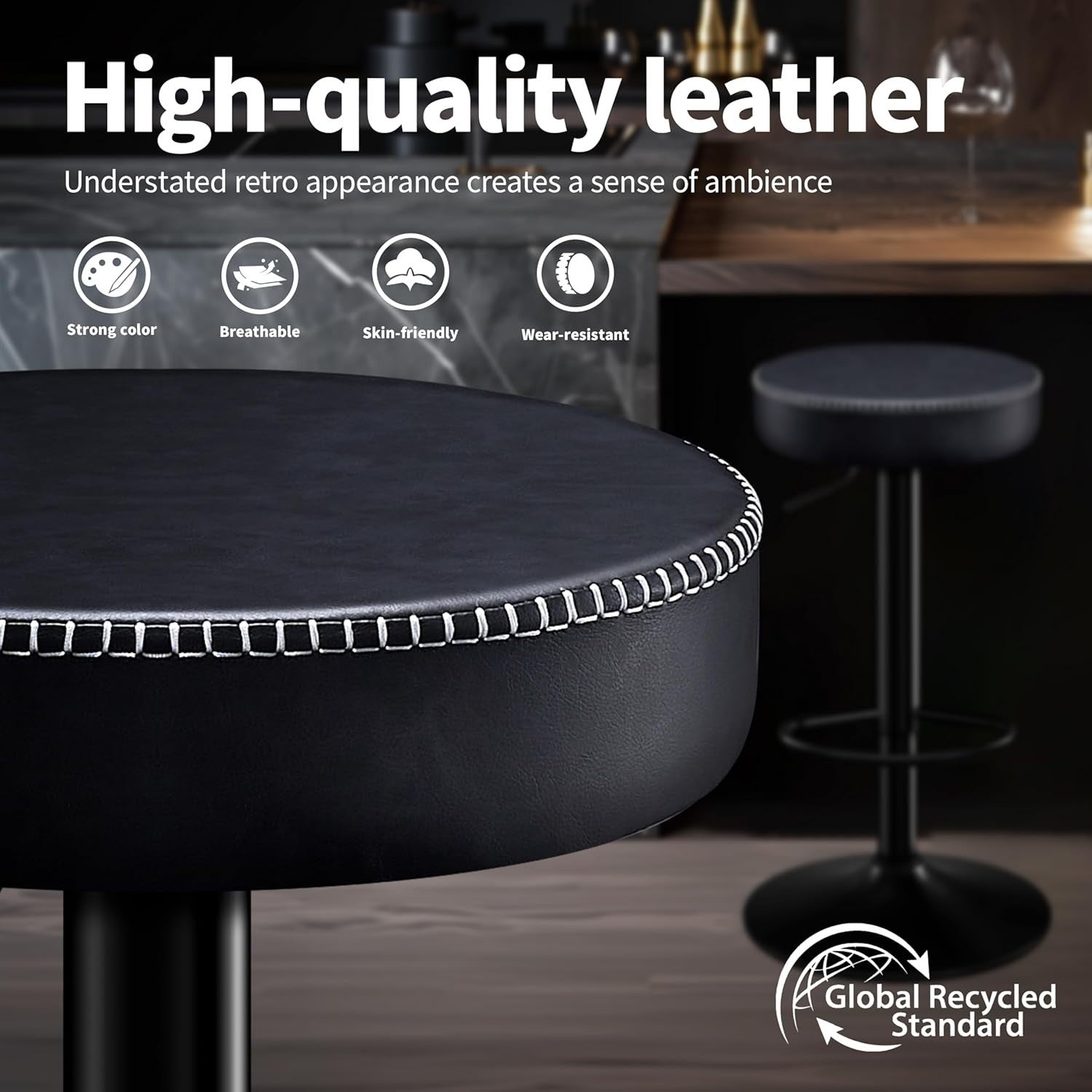 2PCS Ink Black Adjustable Swivel Bar Stools 36cm Round Industrial