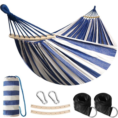 Outdoor Cotton Hammock with Spreader Bars & Tree Straps – Portable - Blue/White