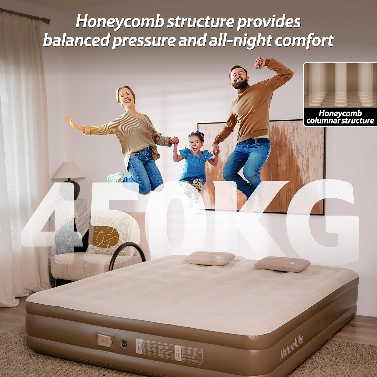 3-Person Inflatable Mattress Air Bed Built-in Pump, 200x180x45cm, Camping & Home