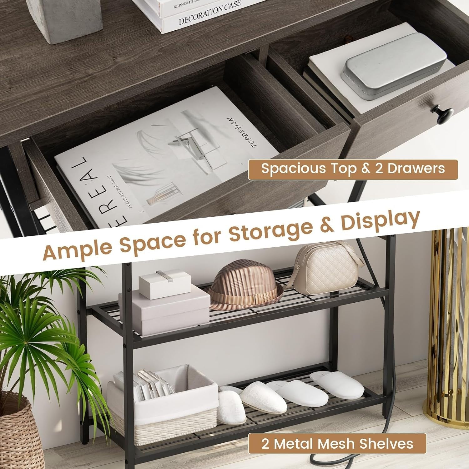 Slim Console Table with Charging Station, 2 Drawers, Storage Shelves 81cm