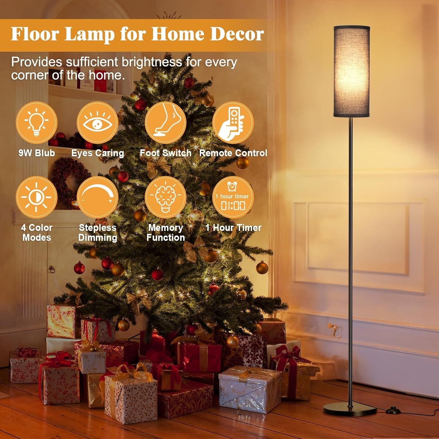 Black Corner Floor Lamp Remote Control Dimmable Standing Light Living Room
