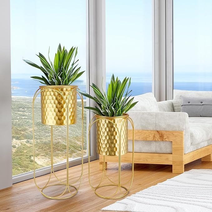 Set of 2 Gold Metal Planters with Stand Indoor Outdoor Modern Tall Plant Pots