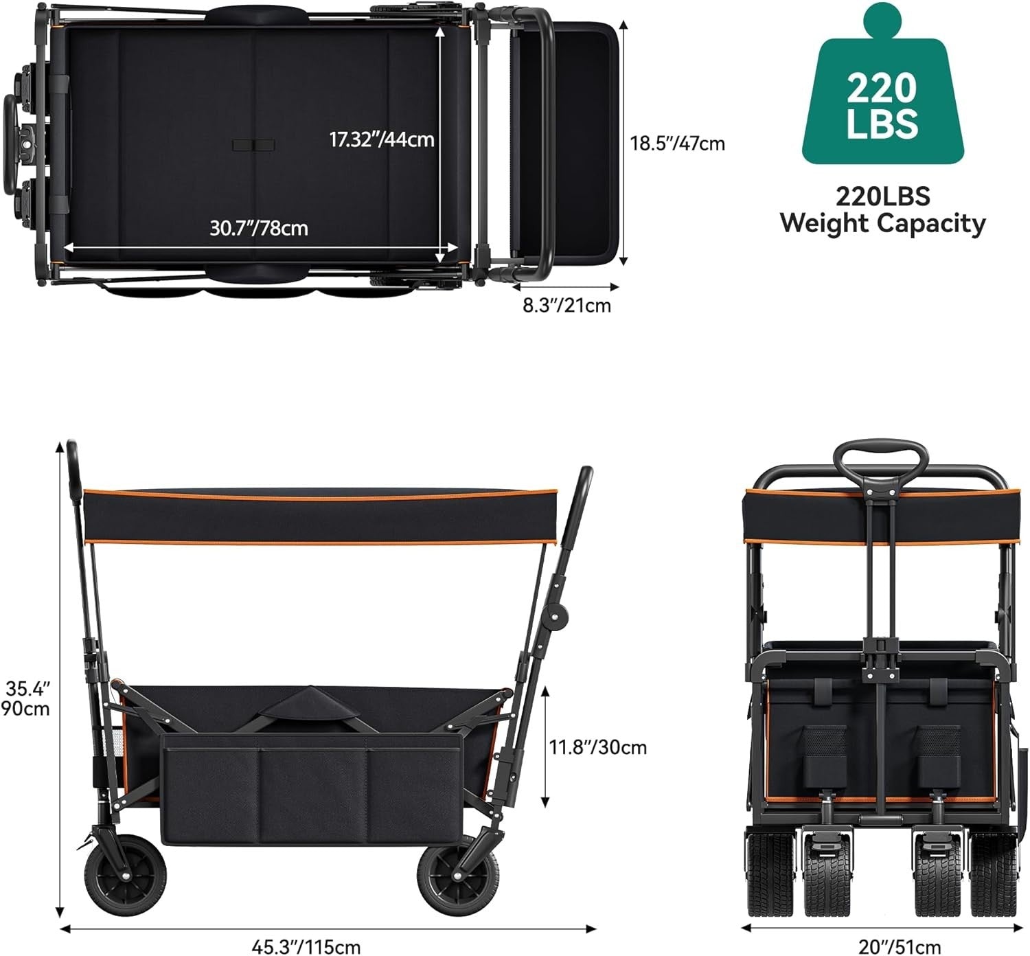 Black Folding Beach Wagon Cart w/ Canopy Oversized Wheels Push Pull 220lbs