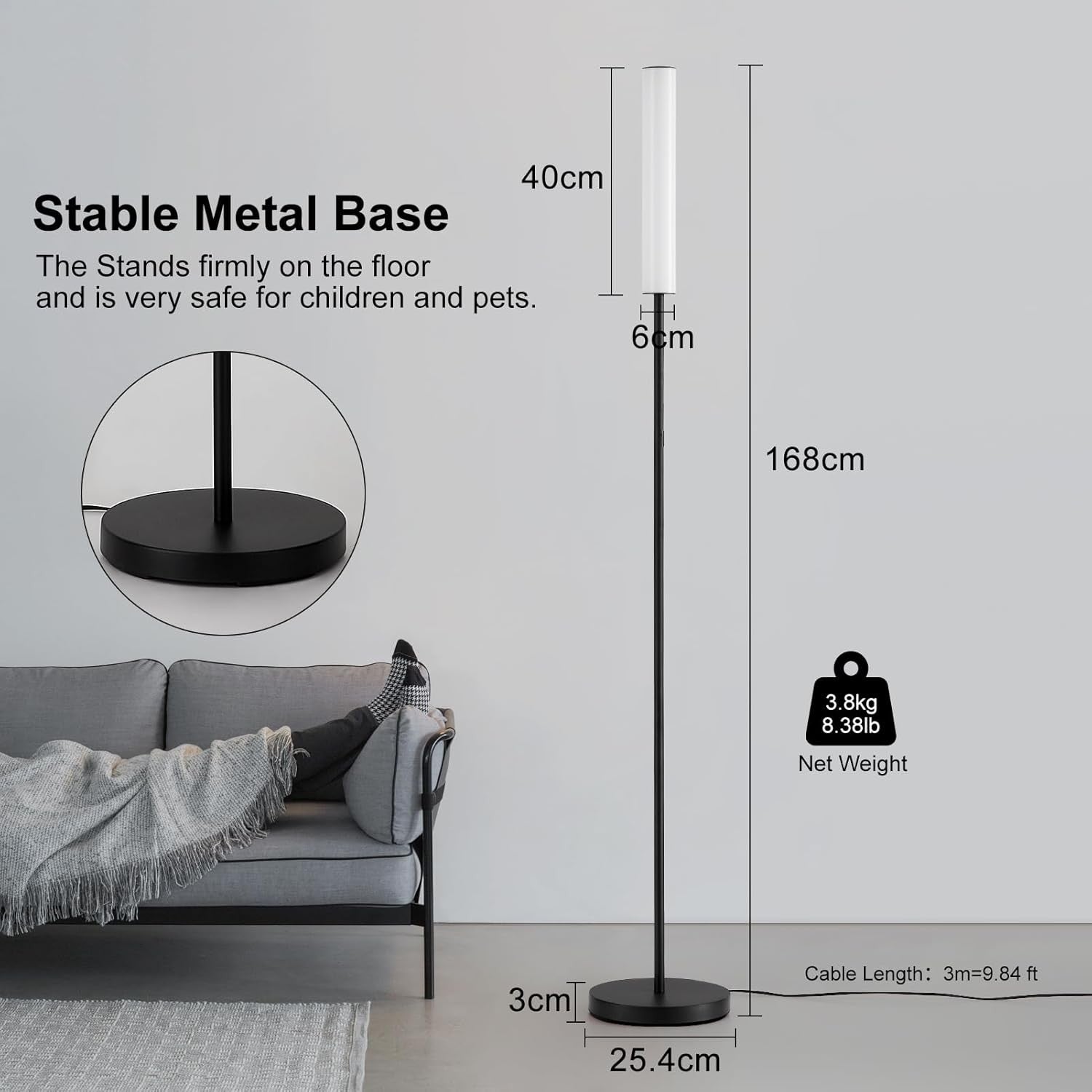 LED Floor Lamp with Remote Touch Control Dimmable 3 Colour Modern Standing Light