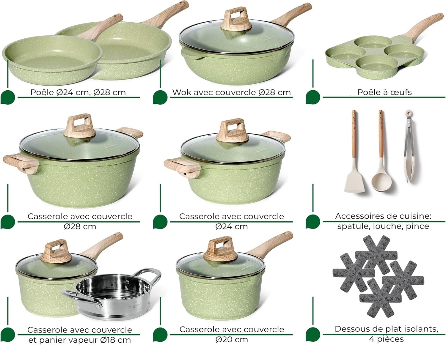 21Pcs Green Non-Stick Granite Cookware Set Induction Ready Pots & Pans