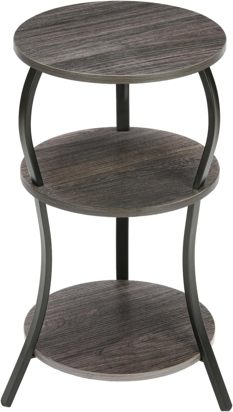 Grey 3-Tier Round Side Table 30x30x55 cm | Slim End Table w/ Storage