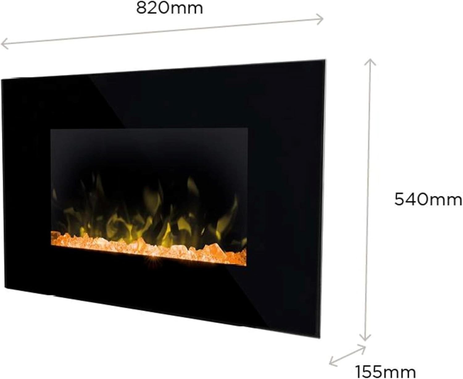 Wall Mounted LED Electric Fireplace Black Glass 2kW Heater Bluetooth