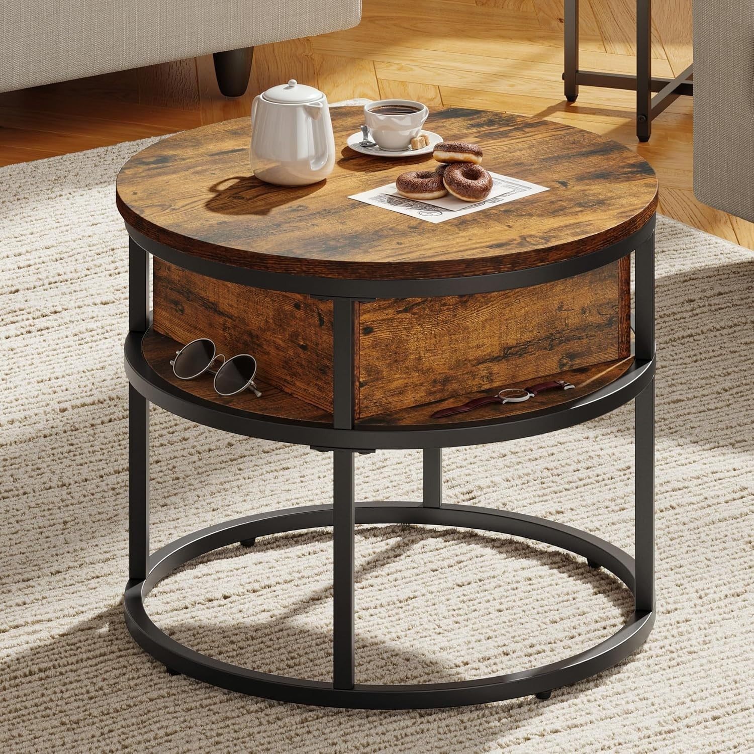 Round Lift Top Coffee Table with Hidden Storage, Small Space Metal Frame