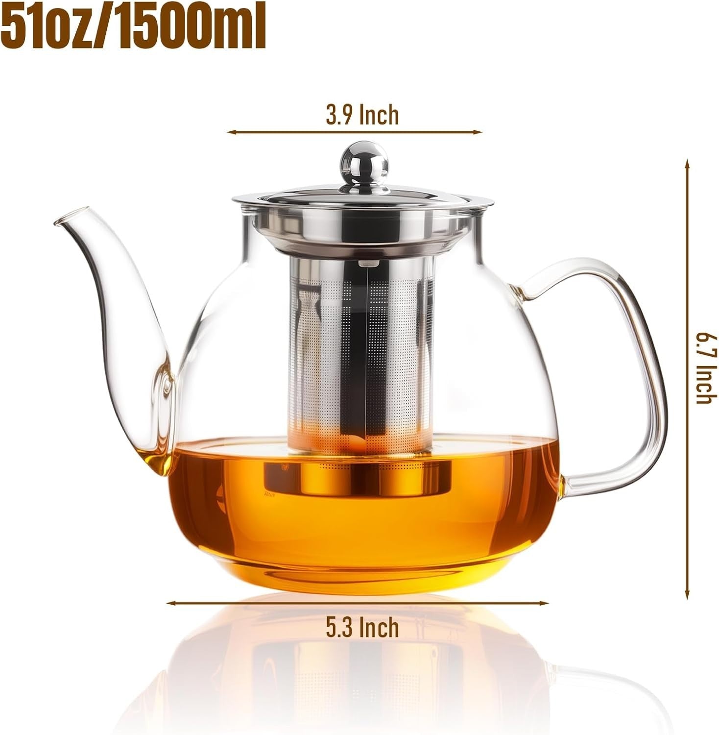1500ml Glass Teapot with Stainless Infuser Stovetop Safe Tea Kettle