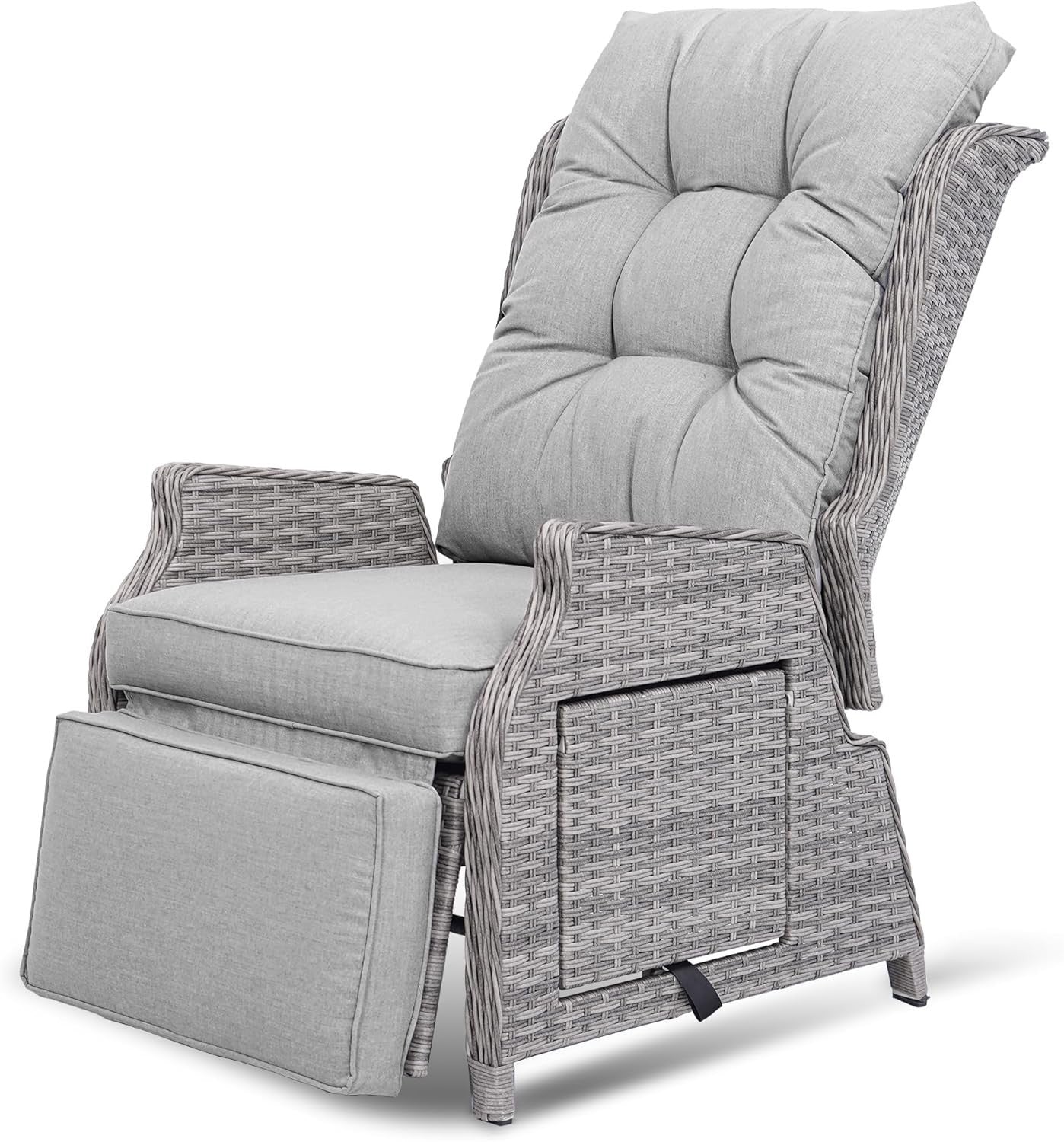 Rattan Recliner Sun Lounger Chair w/ Cushions & Flip Table – Light Grey