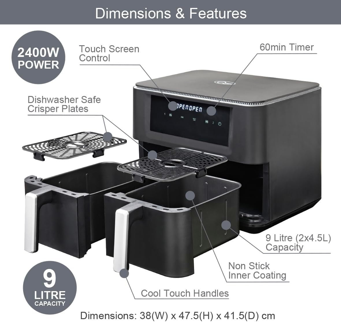 Dual Air Fryer 9L | Twin Zone, Presets, LED Touch, Non-Stick, 60-Min Timer