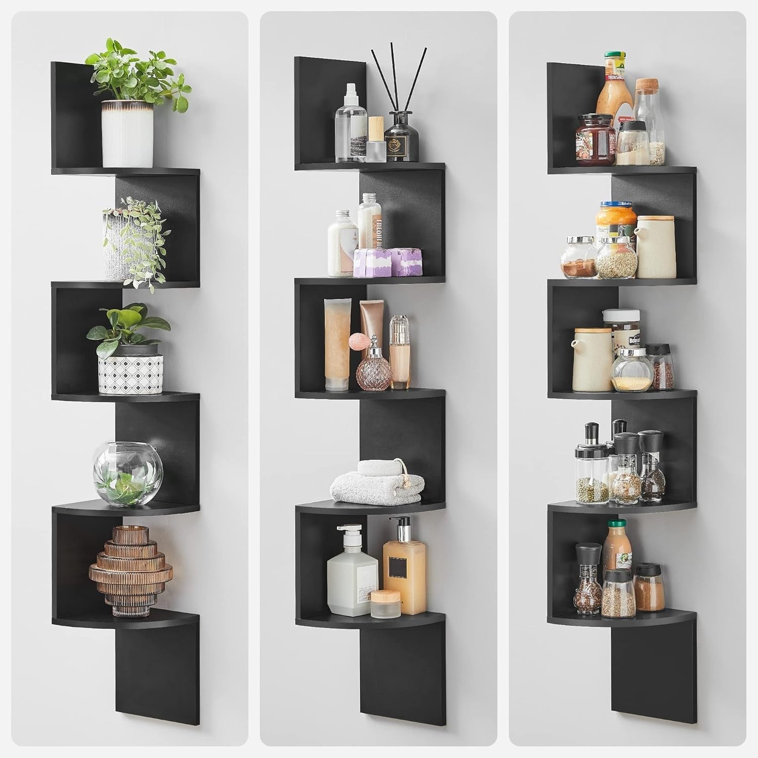 5 Tier Corner Wall Shelf Black Floating Zigzag Display Unit 126cm