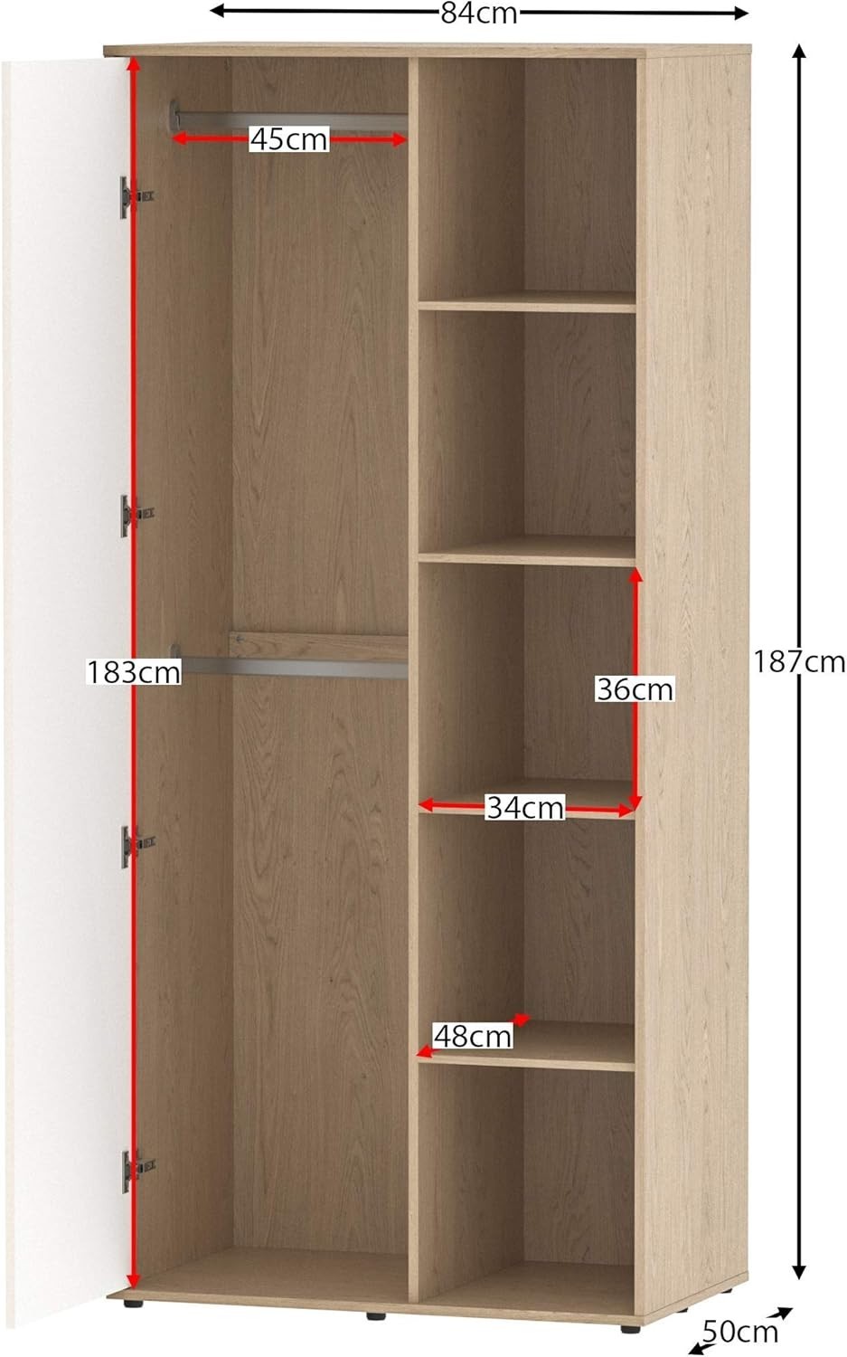 Children’s Wardrobe with Shelves & Rail, White Oak Kids Storage Cabinet