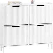 White Slim Shoe Cabinet 4 Flip Drawers – Wide Narrow Hallway Storage 100cm