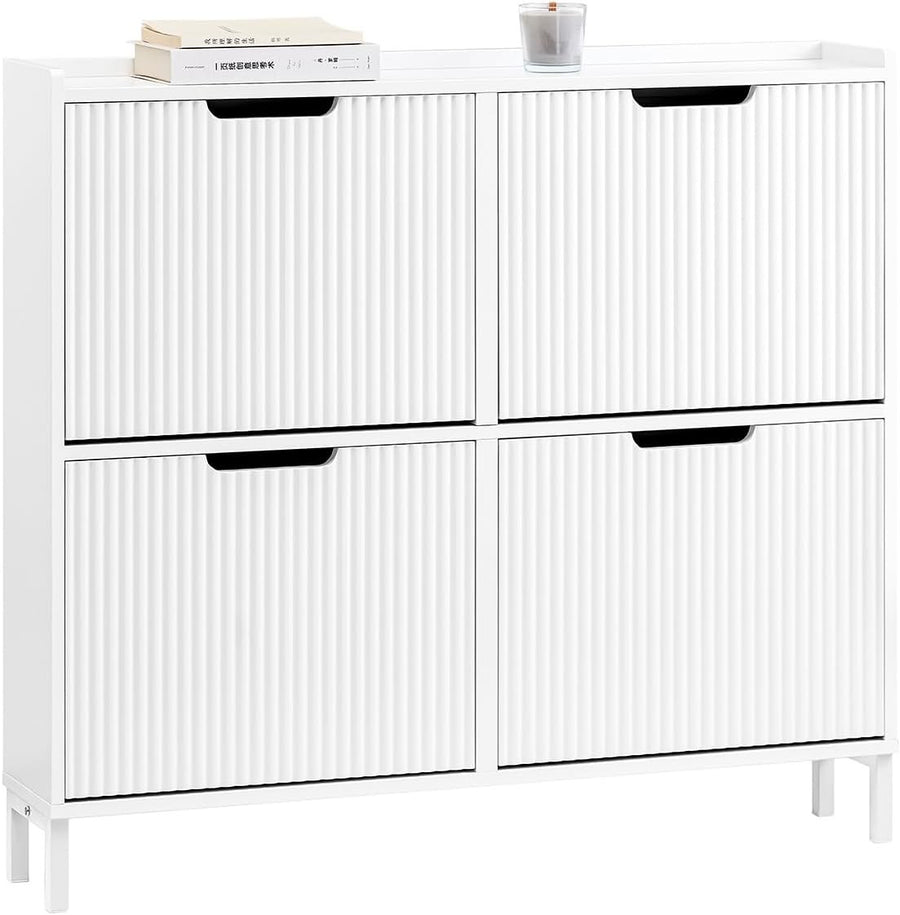 White Slim Shoe Cabinet 4 Flip Drawers – Wide Narrow Hallway Storage 100cm