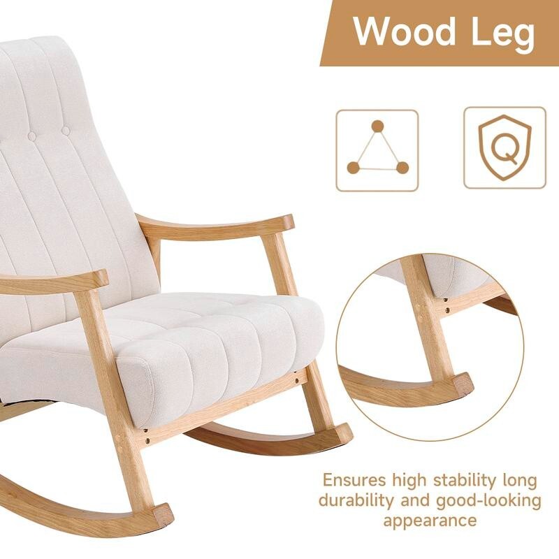 Beige Velvet Rocking Chair Tufted Armchair with Wooden Frame Lounge Seat