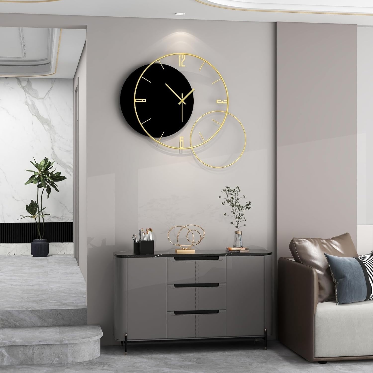 Oversized Black Gold Wall Clock Silent Non-Ticking Modern Metal Decor 67x60cm