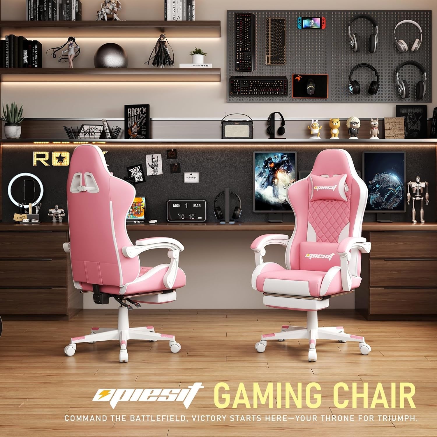 Ergonomic Gaming Chair with Footrest Reclining Pink PU