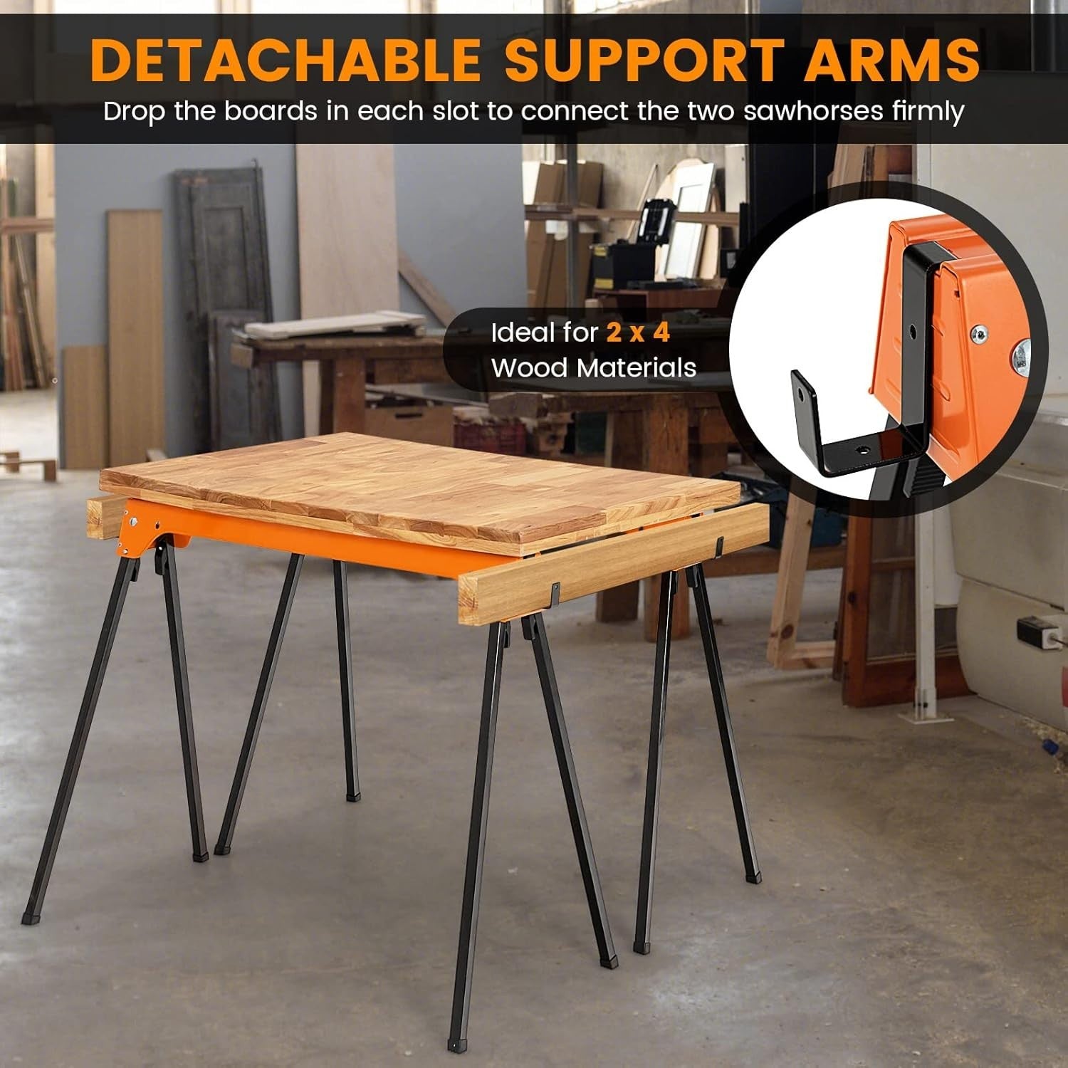 Folding Sawhorse Twin Pack Heavy Duty 454kg 2x4 Support Arms Orange 92x48
