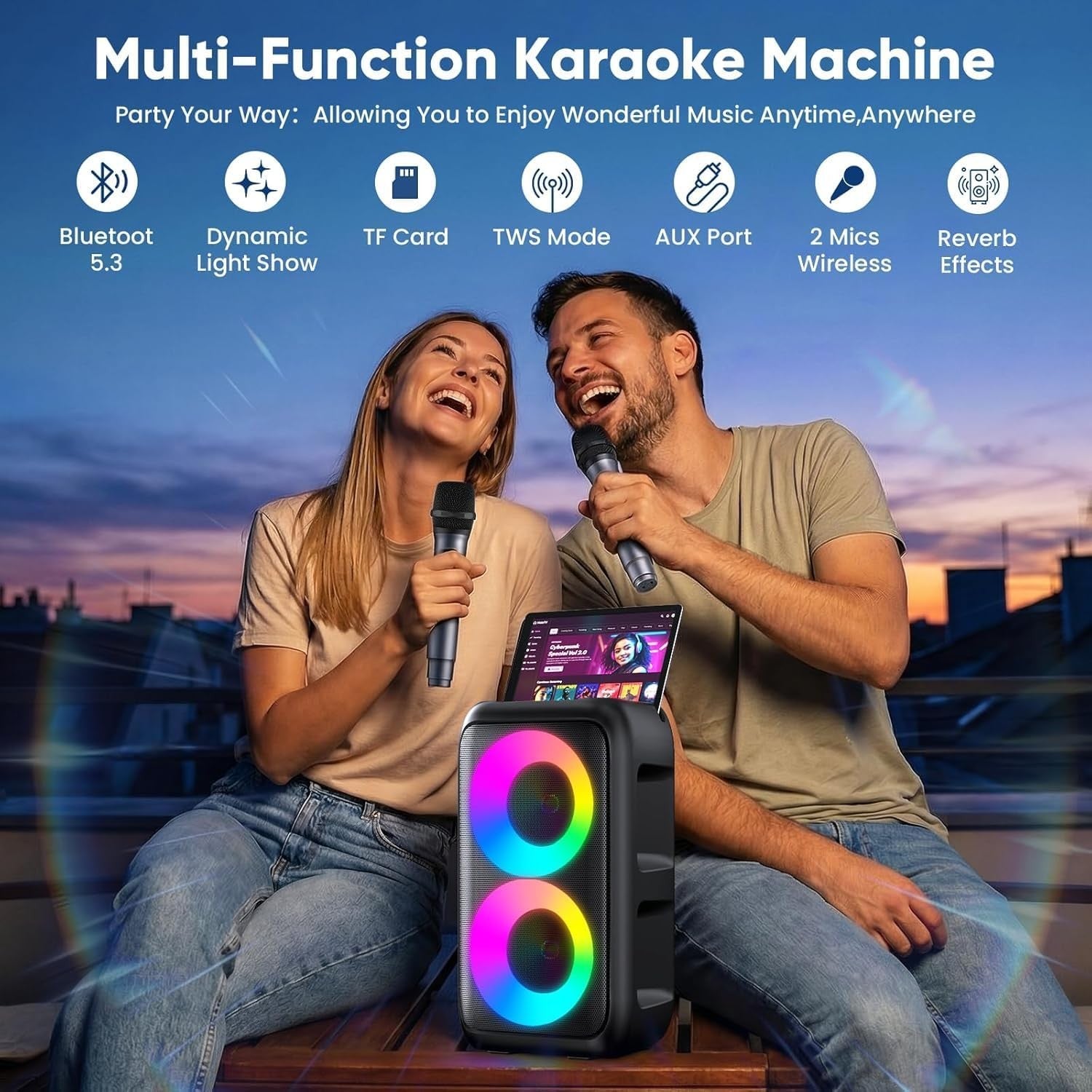 Karaoke Machine with 2 Wireless Mics Bluetooth Party Speaker LED