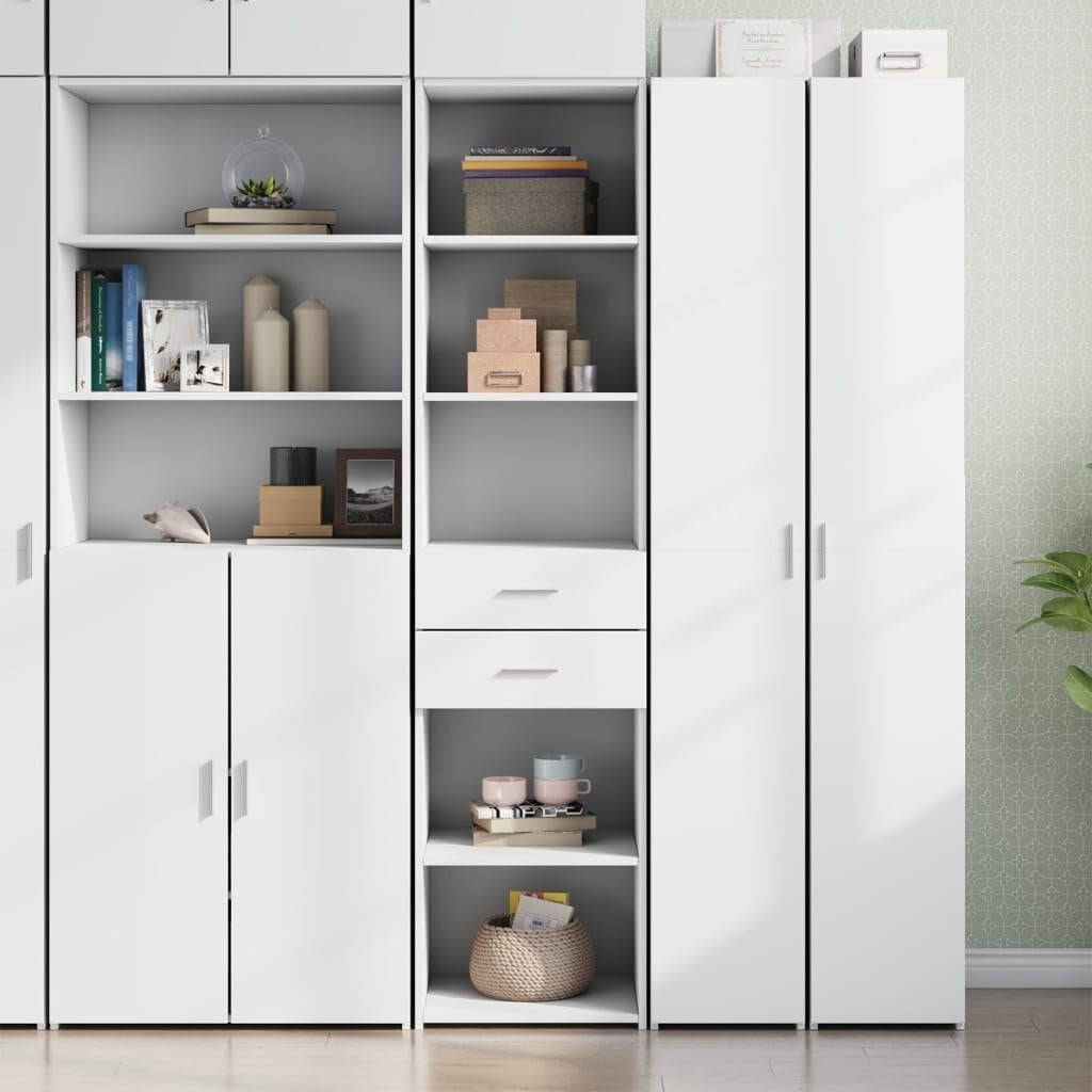 White Tall Storage Cabinet 45x42.5x185cm – Slim Bookcase with Drawers