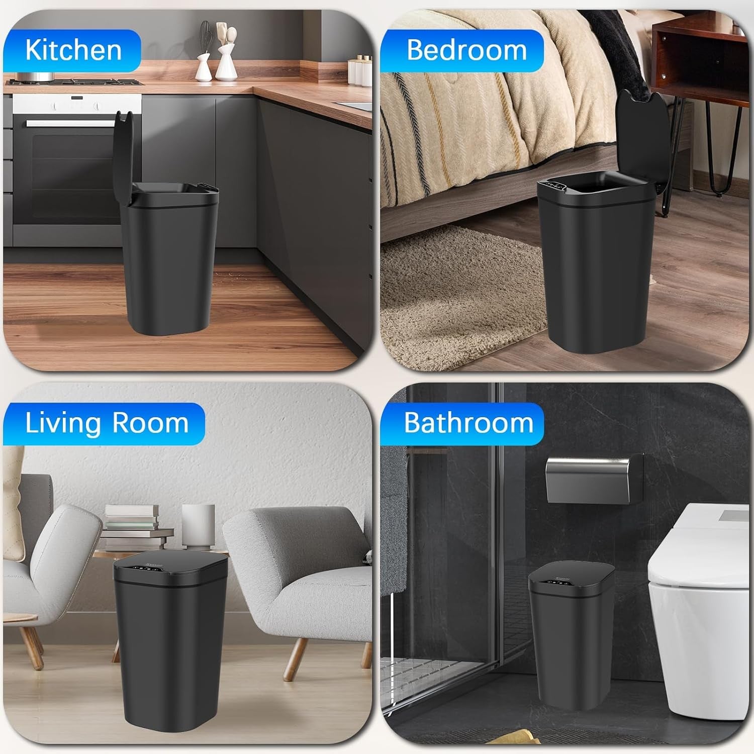 2 Pack 10L Touchless Bathroom Sensor Bins Slim Waterproof Black