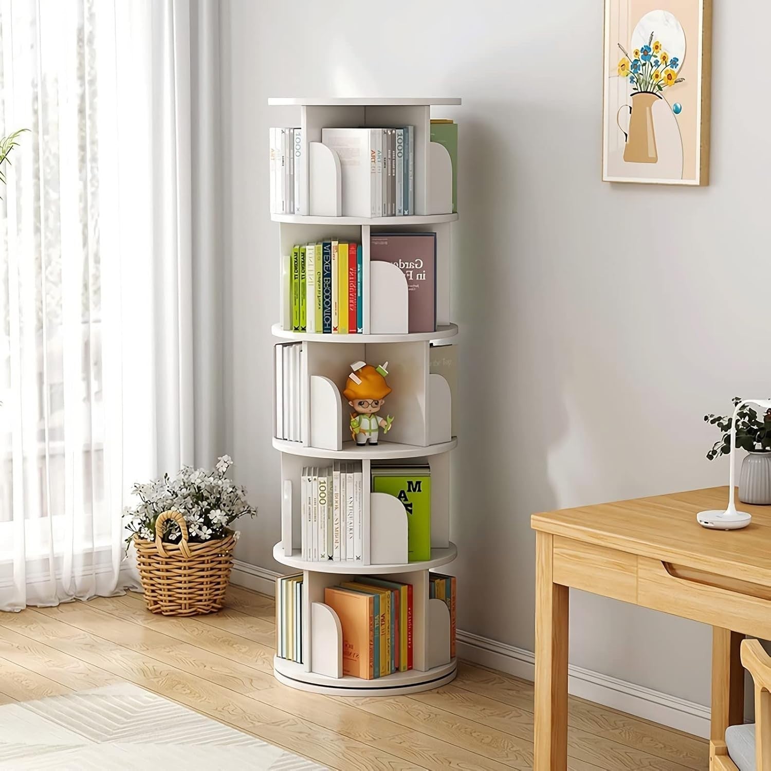 360° Rotating 5-Tier White Bookshelf – Space Saving Swivel Bookcase