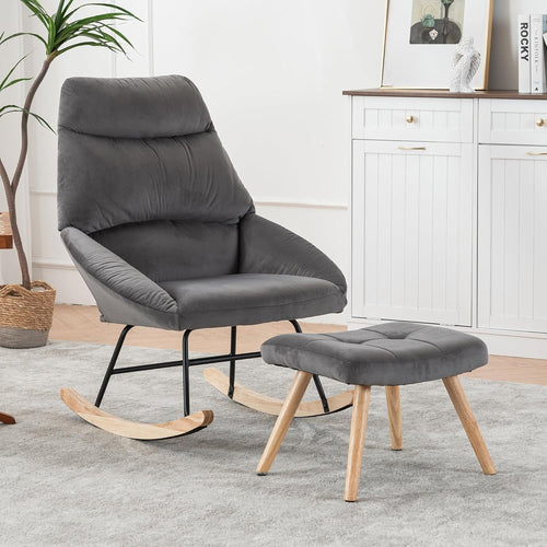 Ergonomic Rocking Chair with Footstool | High Back, Cushioned Lounge Seat