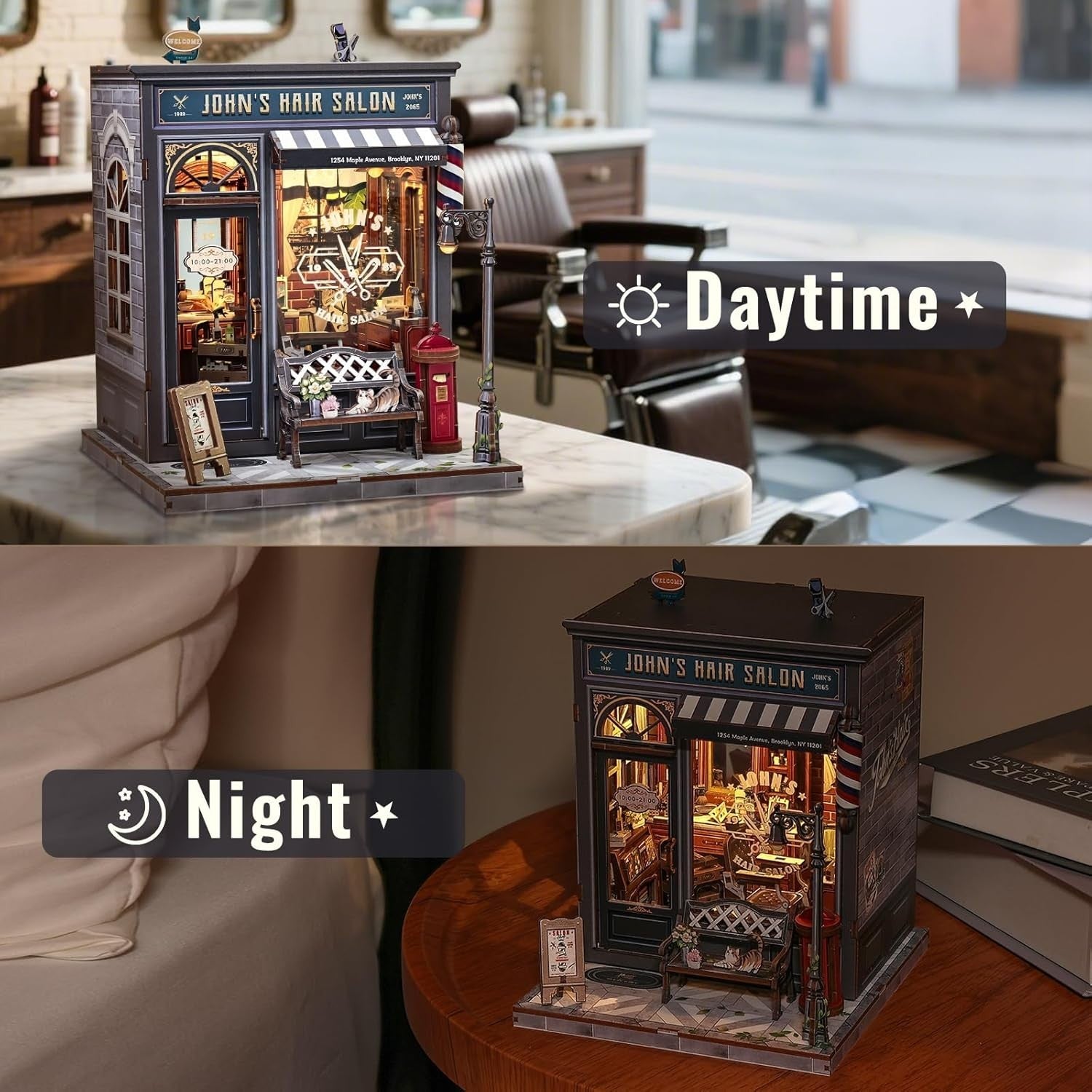 DIY Book Nook Kit Retro Barbershop Miniature LED Bookshelf Decor