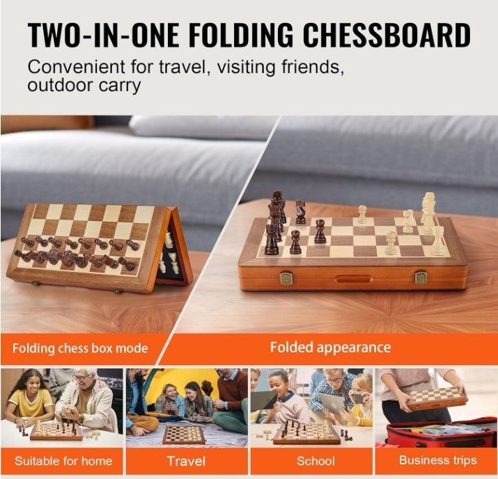 15" Magnetic Wooden Chess Set Folding Board 2-in-1 Chess & Checkers Game