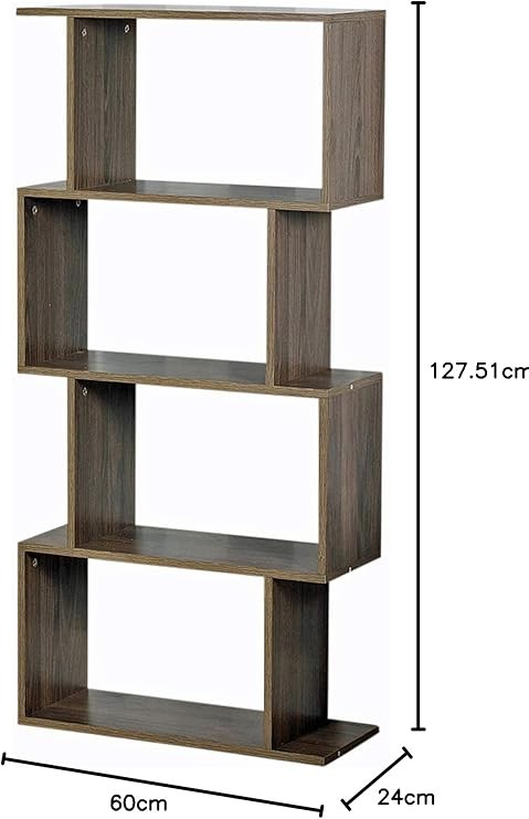 S-Shaped 4 Tier Grey Oak Bookcase Display Shelf Modern Storage Divider Unit