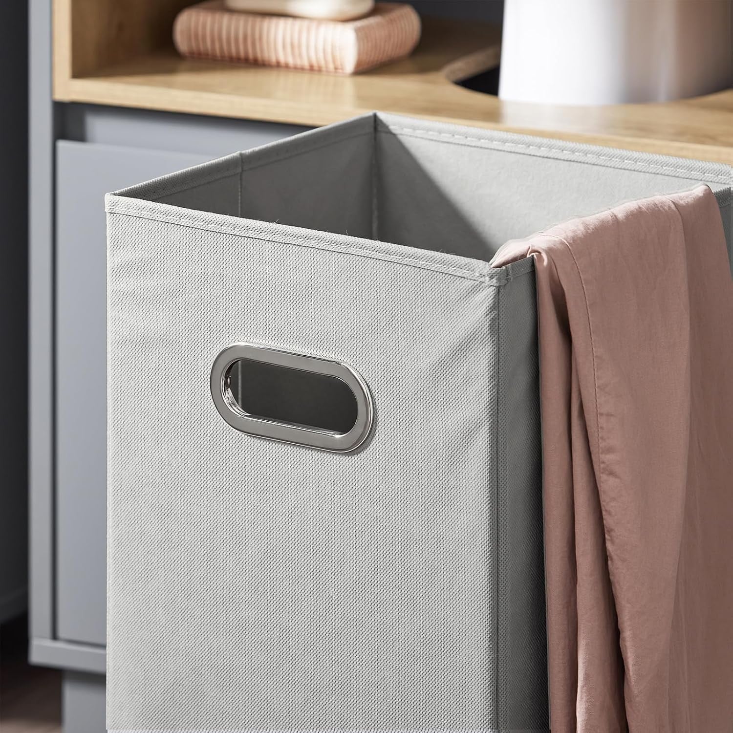Slim Bathroom Storage Cabinet with Fold-Out Laundry Basket Grey 35×105cm