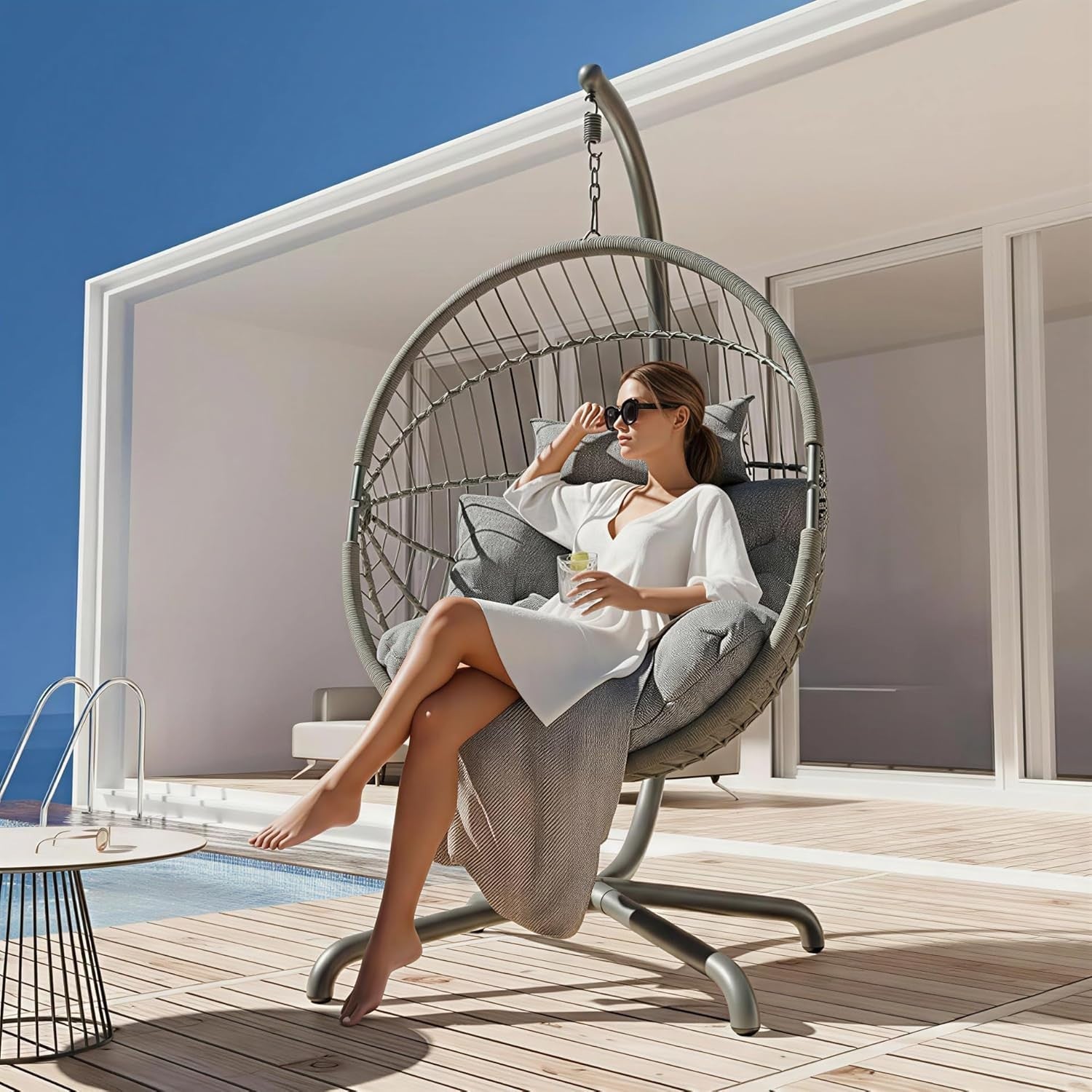 Light Grey Hanging Egg Chair with Stand Cocoon Swing Plush Cushion