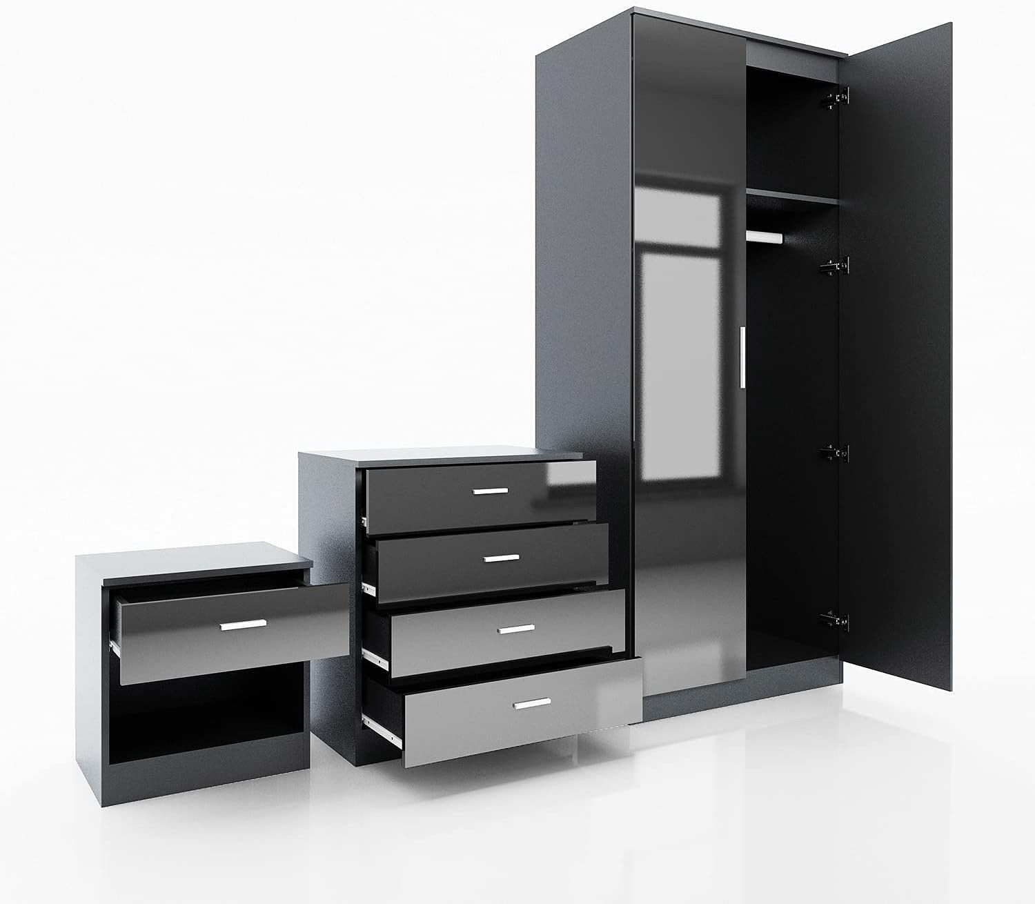 High Gloss 2 Door Wardrobe with Hanging Rail Removable Shelves Bedroom Storage