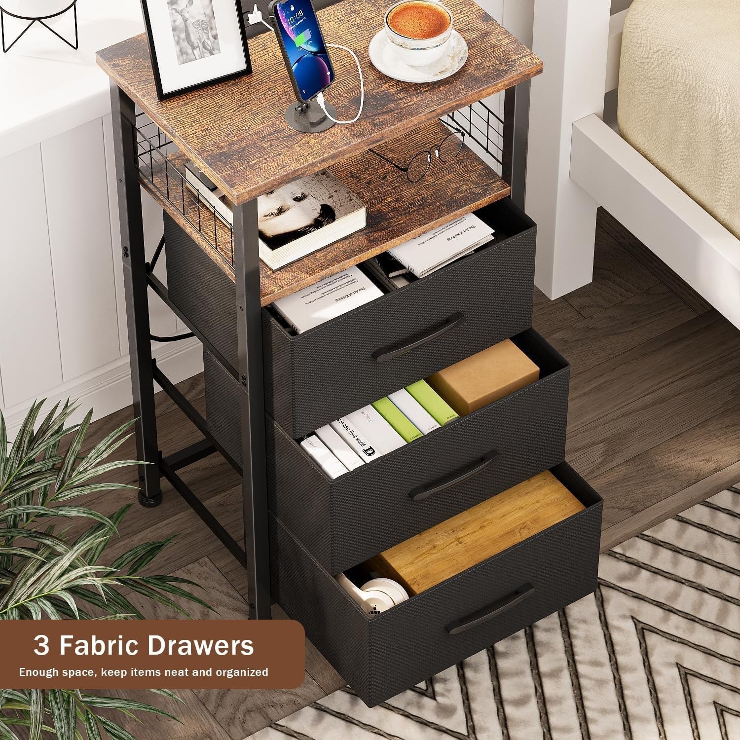 Set of 2 Rustic Brown LED Bedside Tables with 3 Drawers & USB Charging Ports