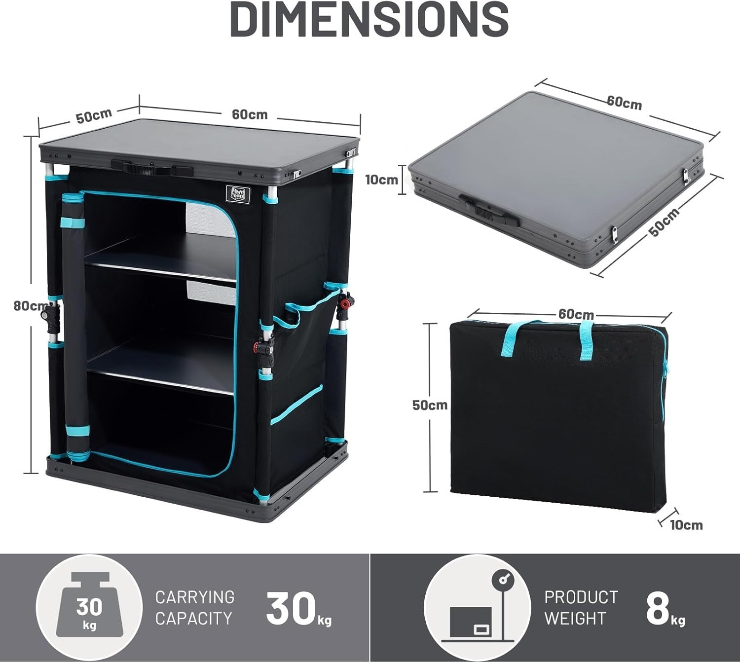Folding Camping Kitchen Cupboard 3-Shelf Unit Storage Table 30kg