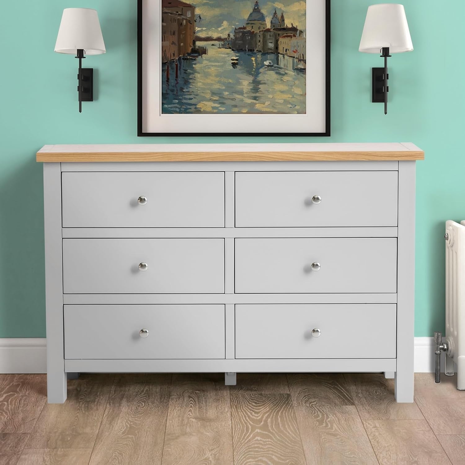 Large Grey Wooden Chest of Drawers 6 Spacious Drawers Solid Oak Top 78x120cm