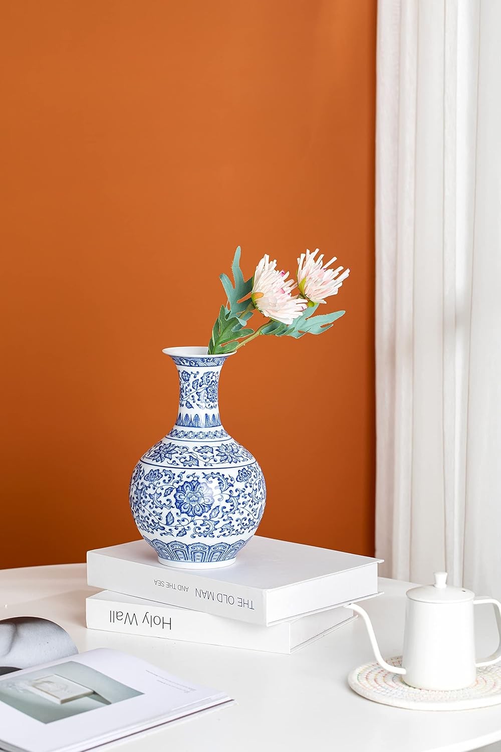 Blue White Chinoiserie Ceramic Vase 9.5in Glossy Floral Table Decor