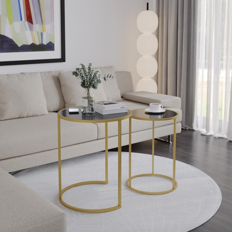 Nesting Coffee Tables Set of 2 Round Tempered Glass Gold Metal Living Room