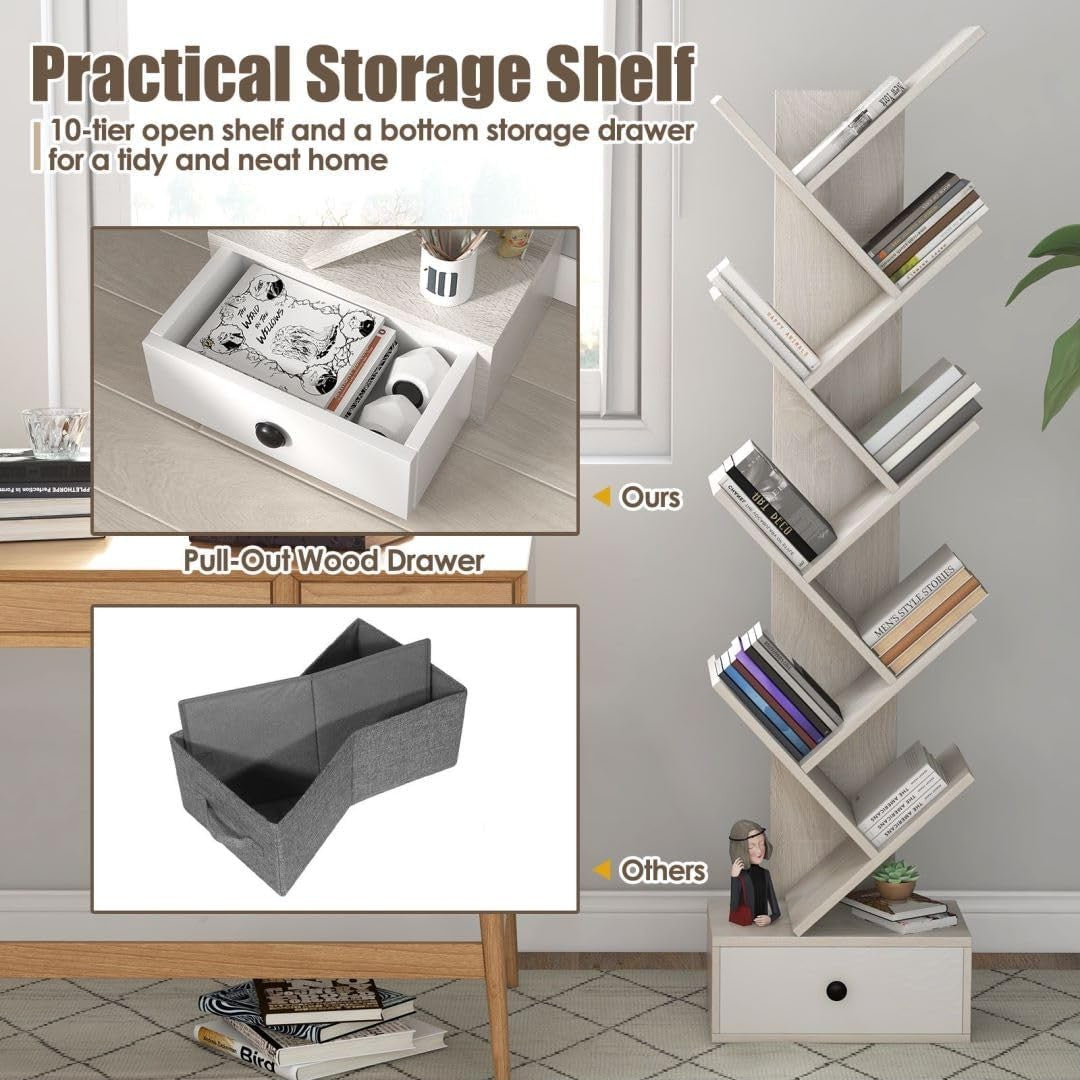 10-Tier Tree Bookshelf Floor Standing Wooden Bookcase with Drawer Storage