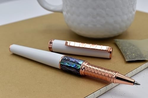 Fine Rollerball Pen White Paua Abalone Rose Gold Lightweight