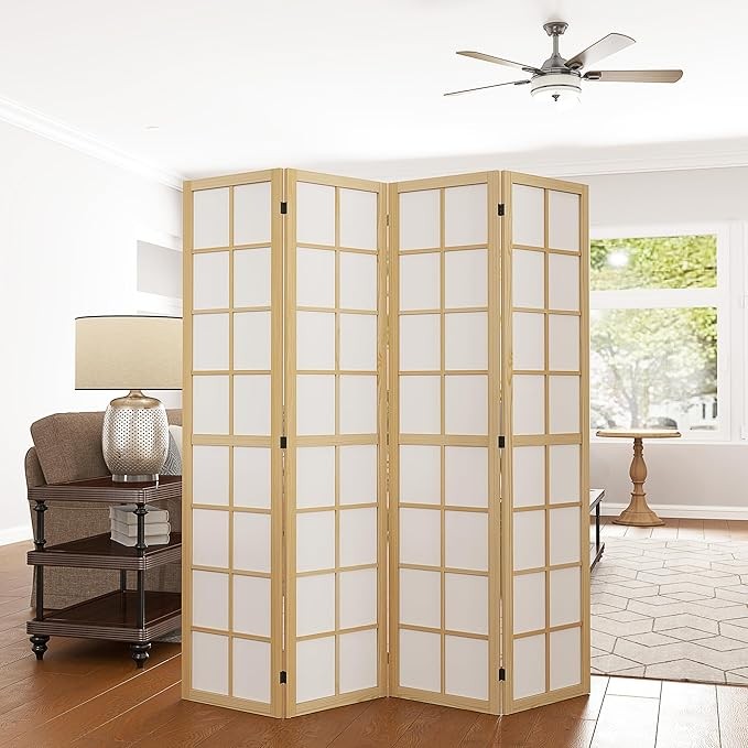 Natural Wood 4 Panel Folding Room Divider – Freestanding Japanese Privacy Screen