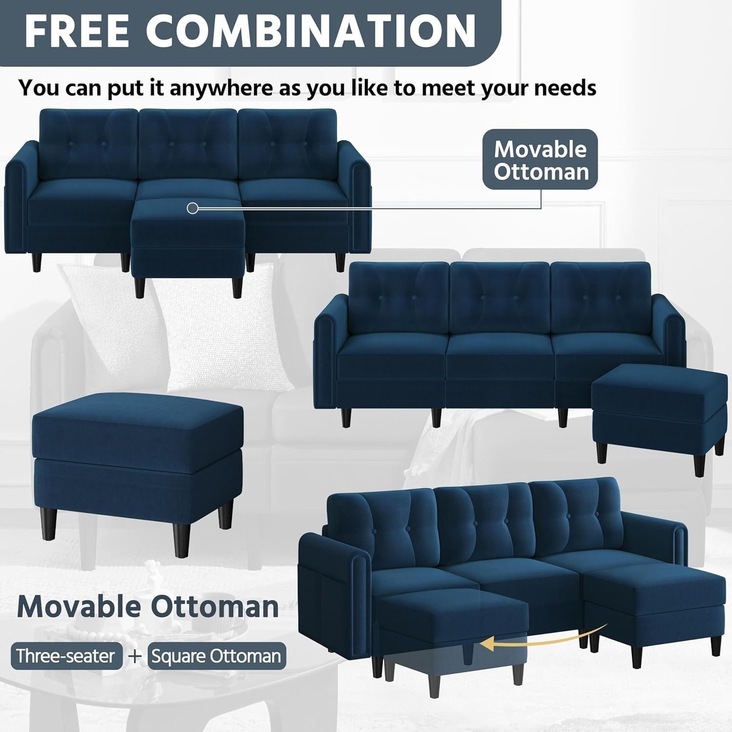 Velvet L-Shaped Corner Sofa with Ottoman 3-Seater Chaise for Small Spaces