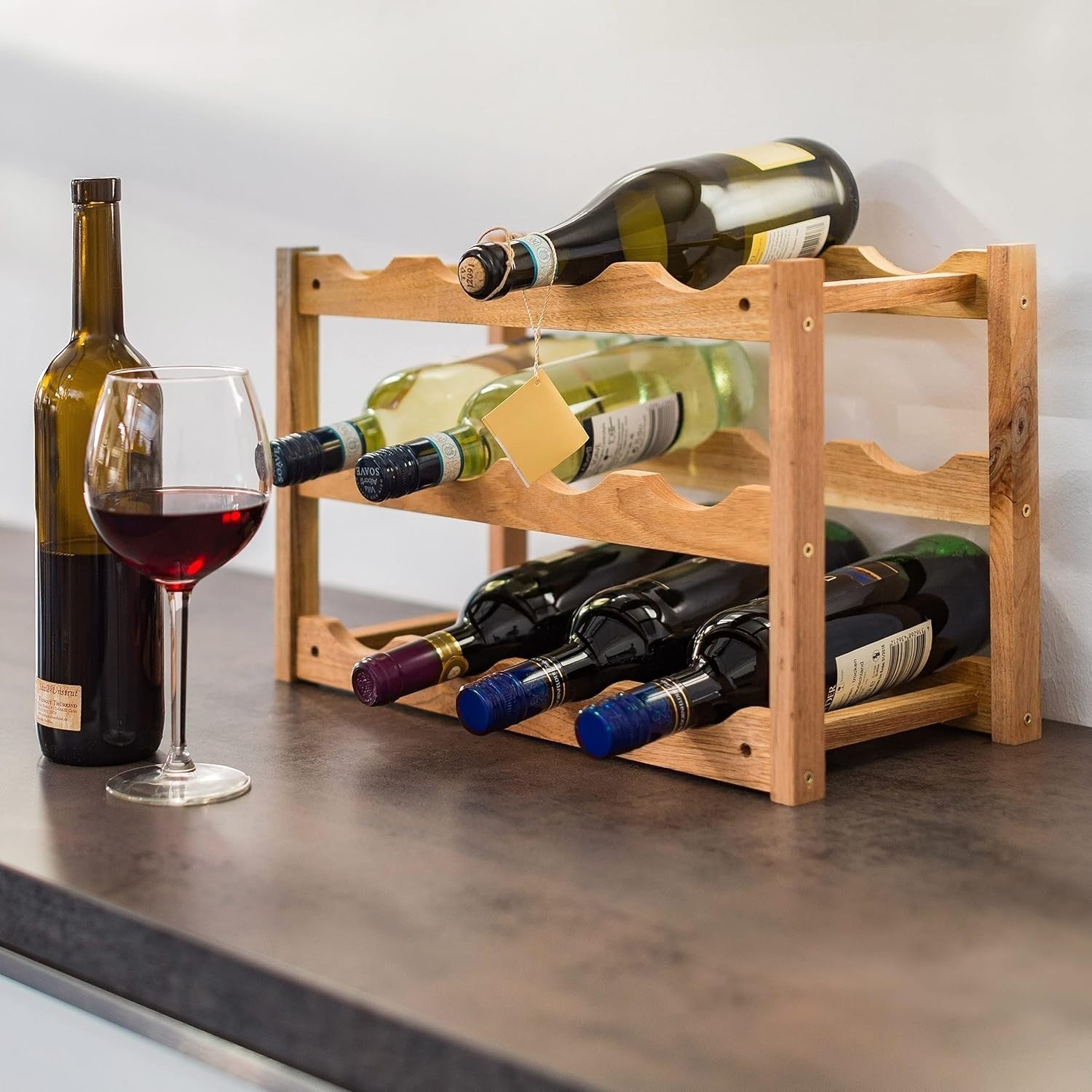 Wooden Wine Rack 12 Bottle Holder 3 Tier Natural Countertop Storage Stand